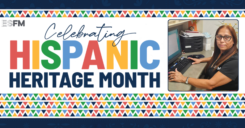 A photo of Maria Fuentes on a colorful Hispanic Heritage Month graphic.