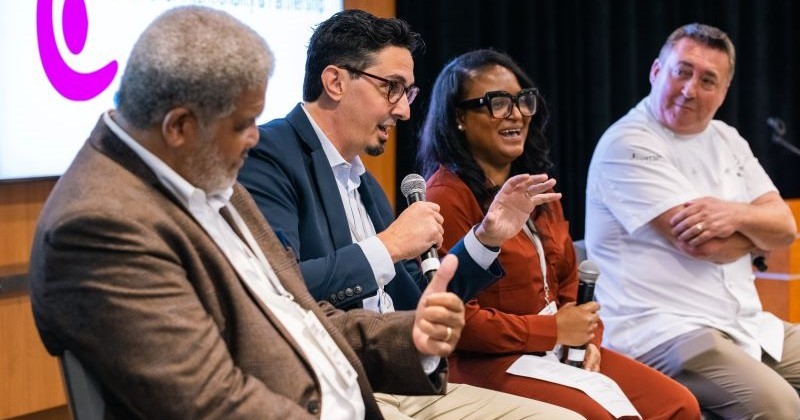 A dynamic panel of speakers, including Rick Wright (center/left) and Natacha Jacque (center/right) inspire attendees at Eurest and ESFM's Supplier Diversity Summit.