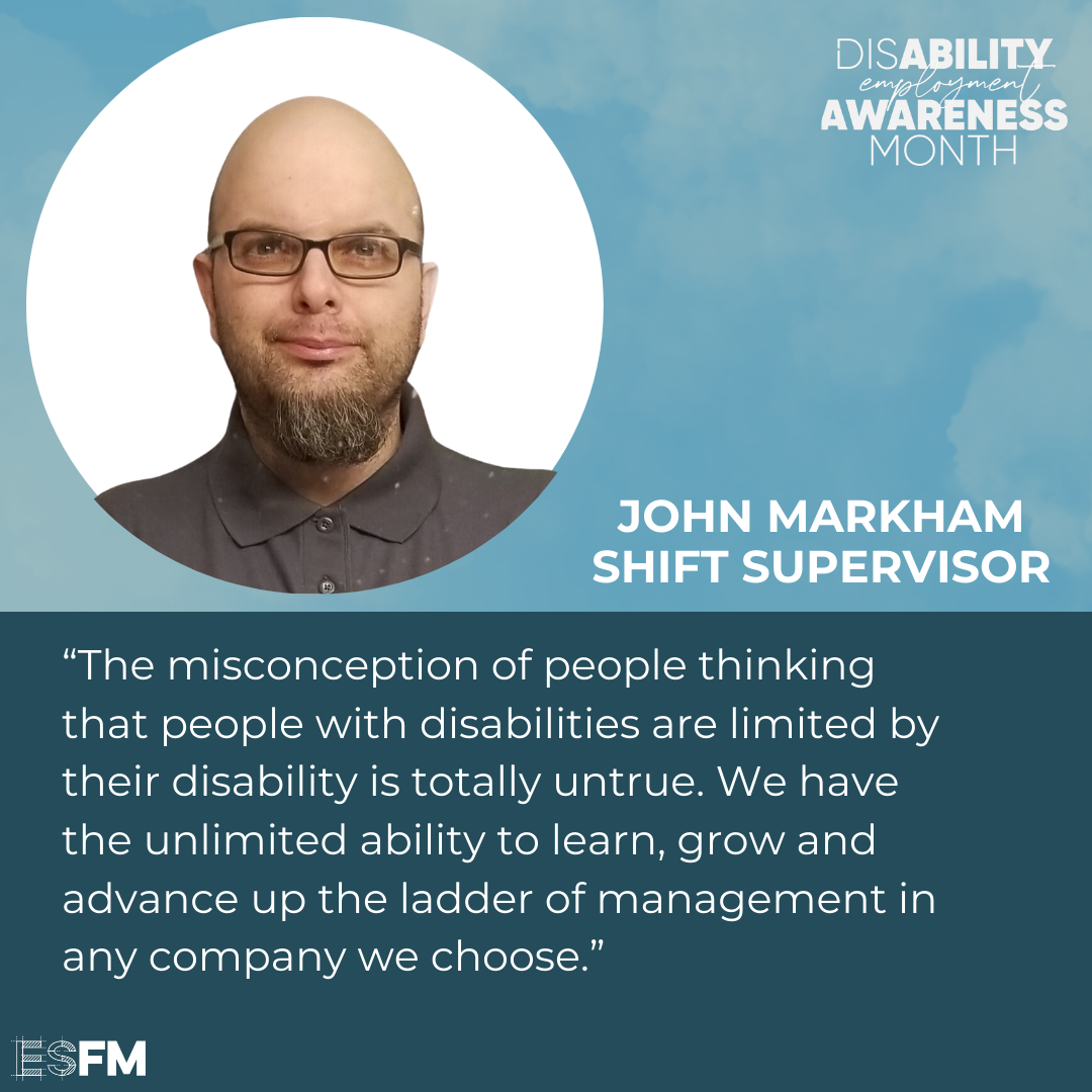 A photograph of John Markham incorporated into a graphic stylizing his quote about misconceptions around people with disabilities.