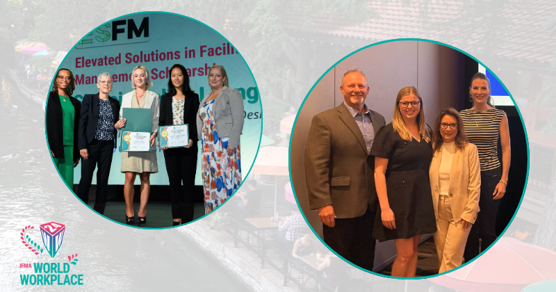 A graphic from IFMA World Workplace featuring photos of ESFM's scholarship presentation and panel presentation on Better Data, Better Buildings, Better Experiences.