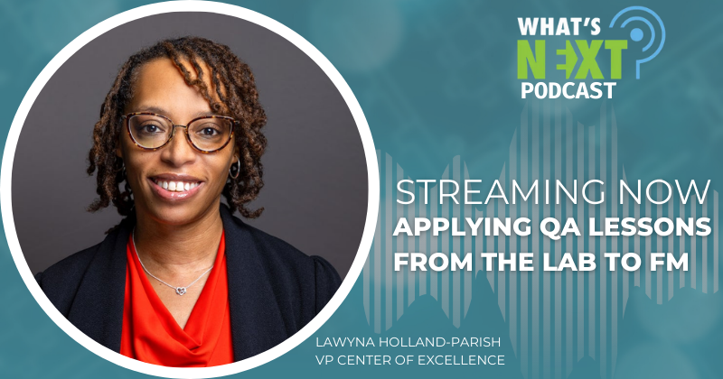 A graphic with Lawyna Holland-Parish's headshot with design elements of soundwaves from a podcast.