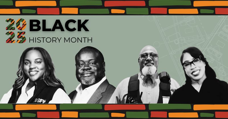 A stylized Black History Month graphic featuring four ESFM leaders.